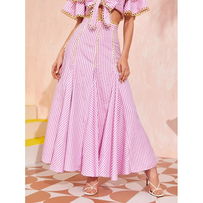 Zipper Back Contrast Trim Striped Godet Skirt