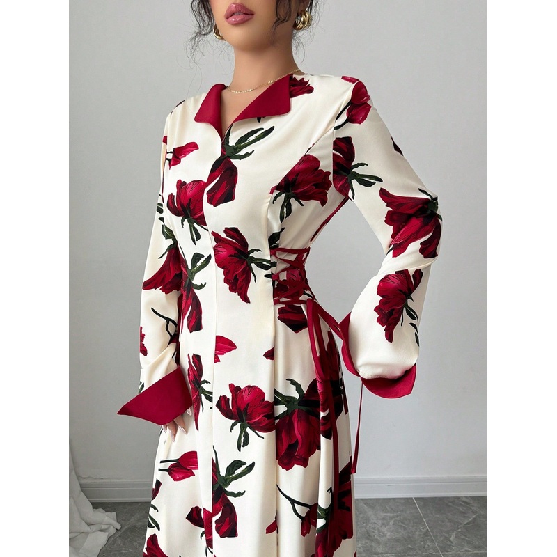 Yasmyna Women’s Contrast Color Splicing Waist Drawstring Printed Long Sleeve Arabian Dress