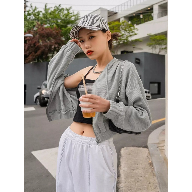 Zip Up Drop Shoulder Drawstring Hooded Sweatshirt