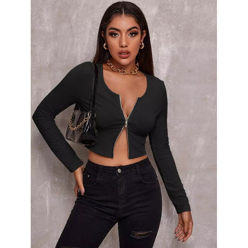Zip Up Rib-knit Crop Top|L
