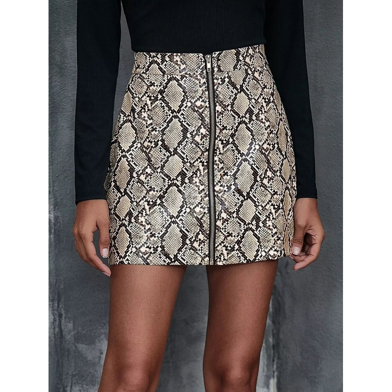 Zip Up Snakeskin PU Leather Skirt