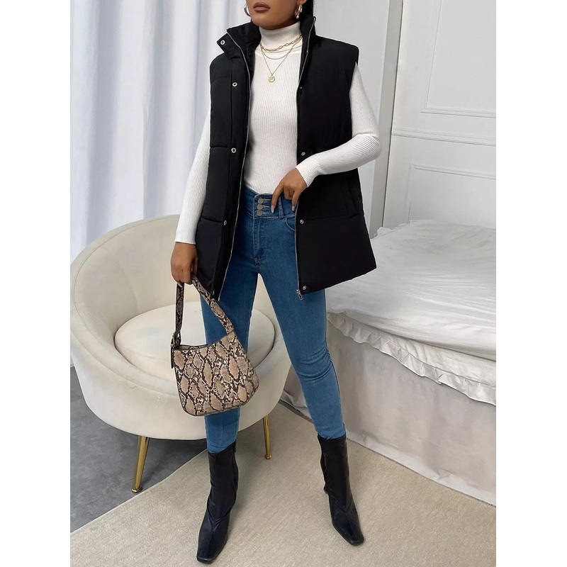 Zip Up Snap Button Puffer Gilet