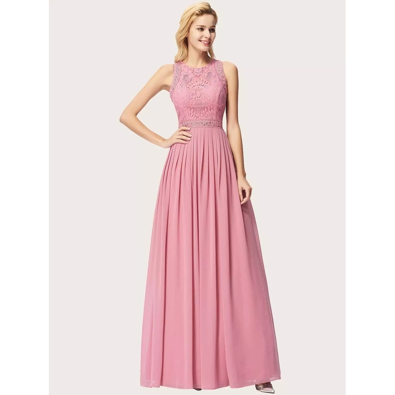 Zipper Back Lace Bodice Pleated Flare Dress