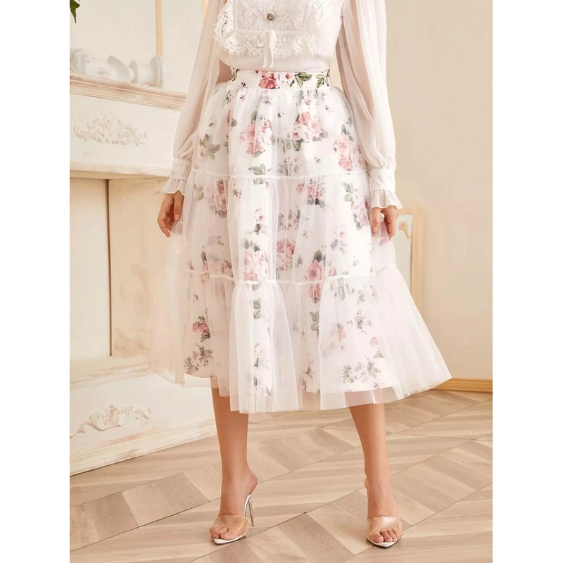 Zipper Fly Floral Print Tiered Mesh Skirt