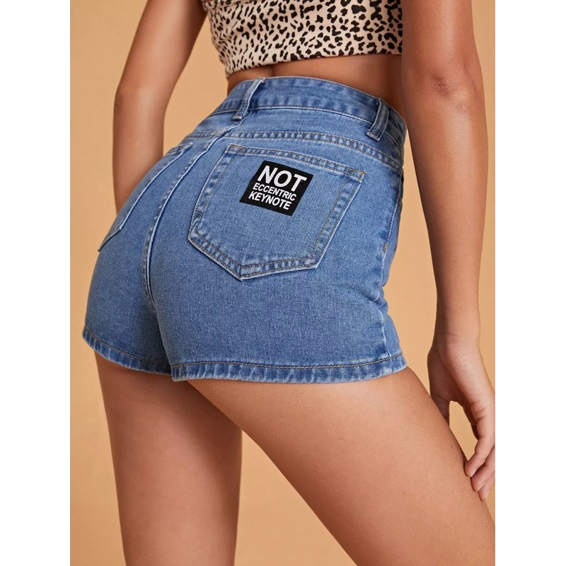 Zipper Fly Patched Detail Denim Shorts