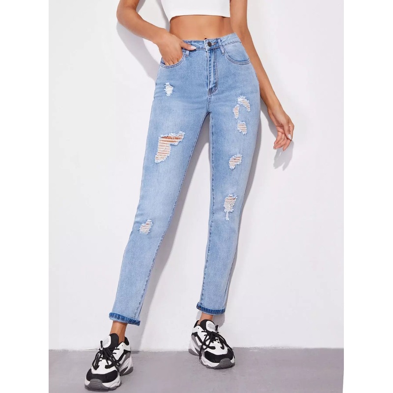 Zipper Fly Ripped Jeans|L