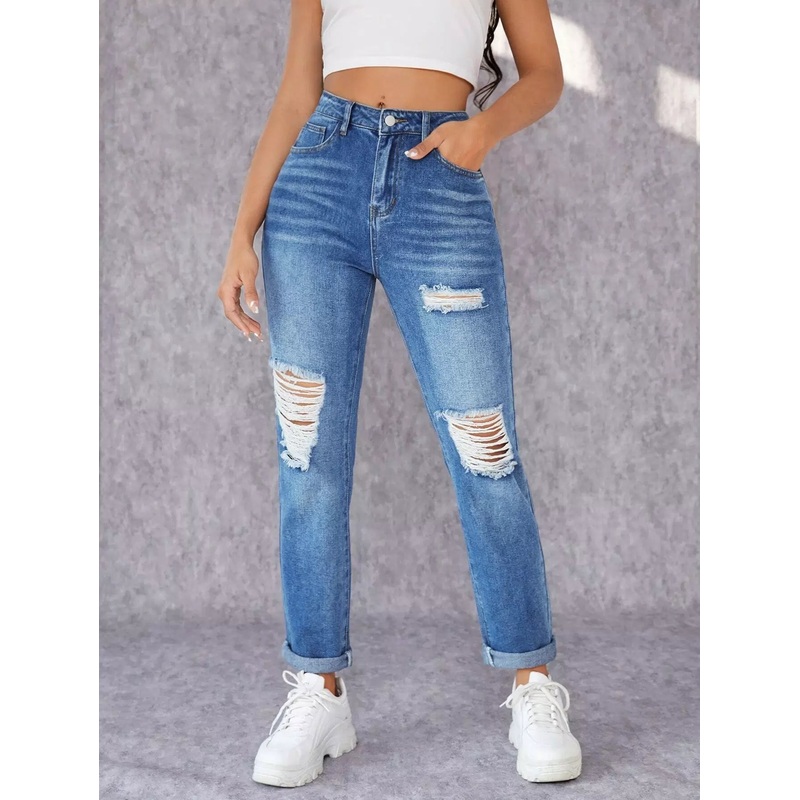 Zipper Fly Ripped Straight Leg Jeans