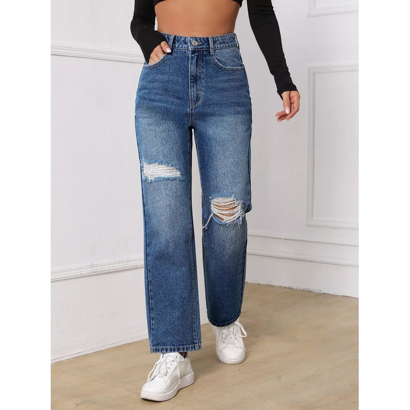 Zipper Fly Ripped Wide Leg Jeans