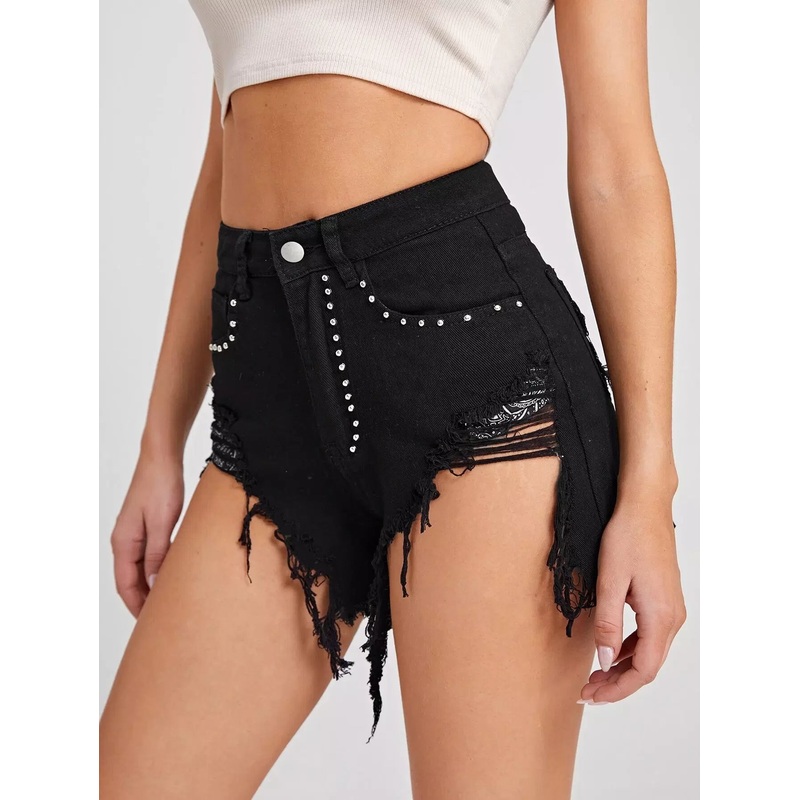 Zipper Fly Studded Detail Distressed Hem Denim Shorts