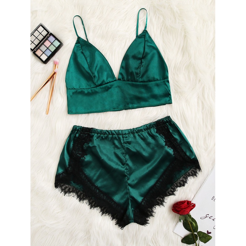 Contrast Lace Satin Pajama Set