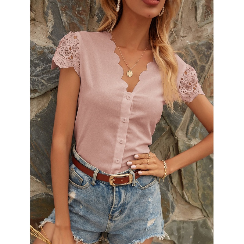Contrast Lace Scallop V-neck Blouse