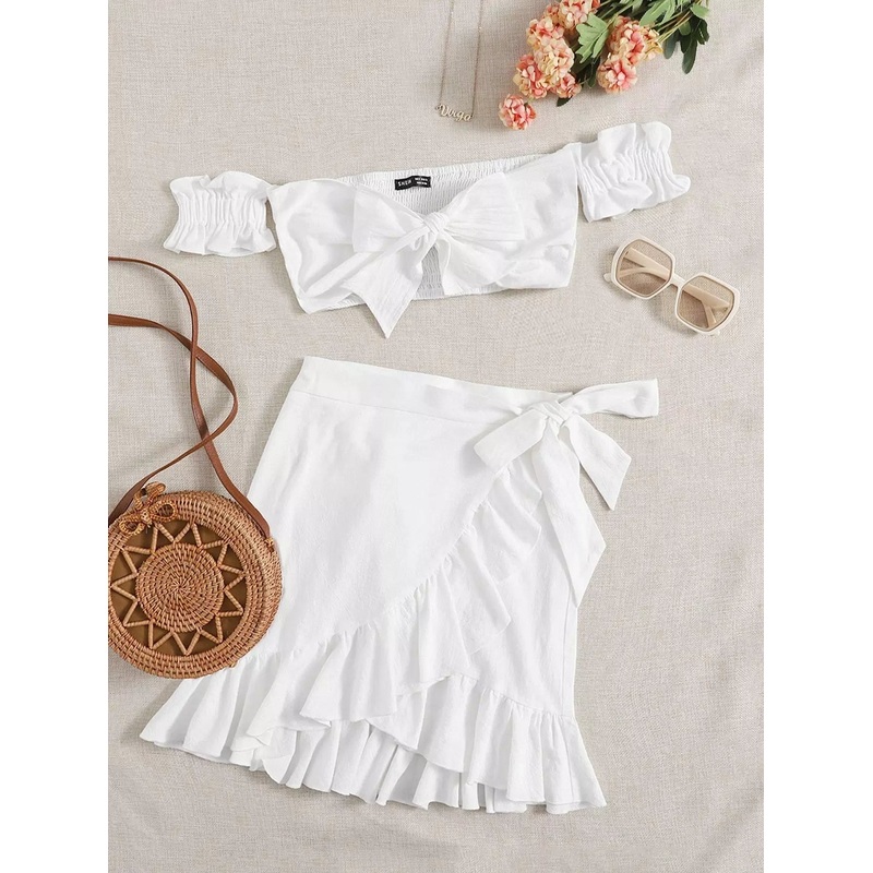 Off Shoulder Shirred Tie Front Top & Wrap Skirt Set