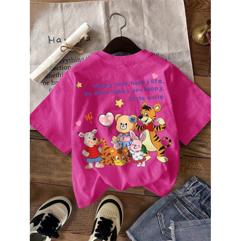Young Girl Casual Cartoon Pattern Short Sleeve T-Shirt, Suitable For Summer