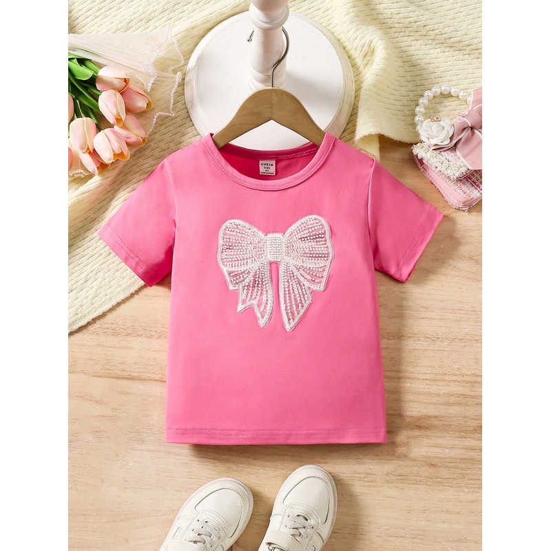 Young Girl’ Casual Cute Butterfly Embroidery Round Neck Short Sleeve T-Shirt, Versatile For Daily Wear,