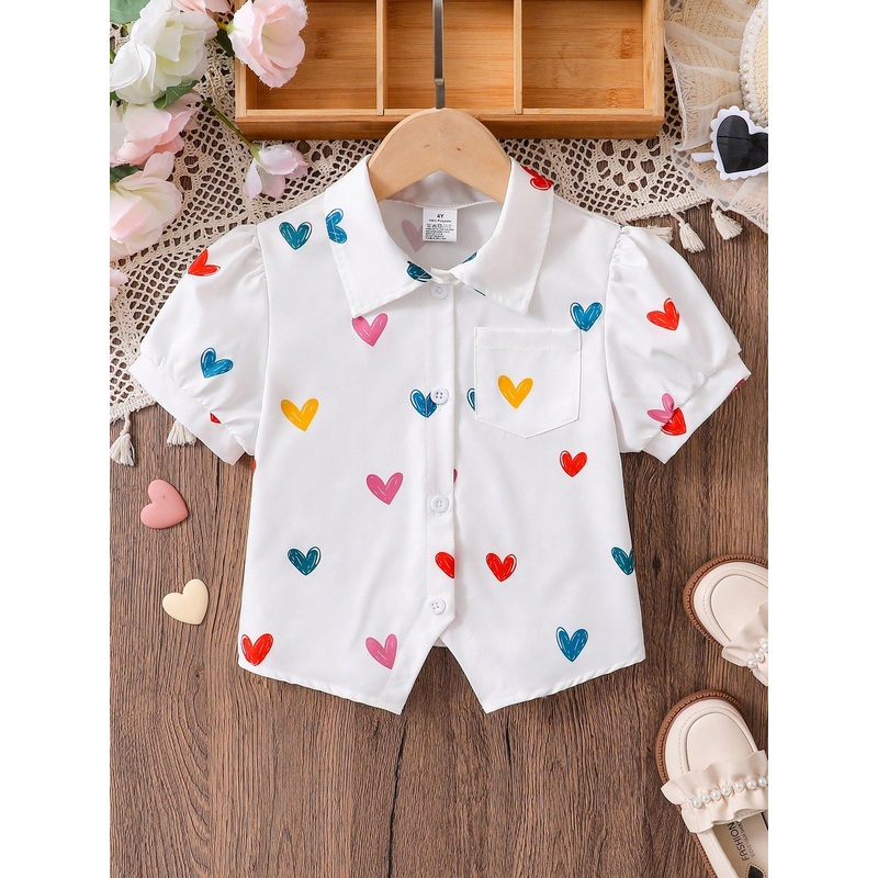 Young Girl Casual Outdoor/Daily Commute Elementary School Sweet Cute Polo Collar Shirt, Heart Print Short