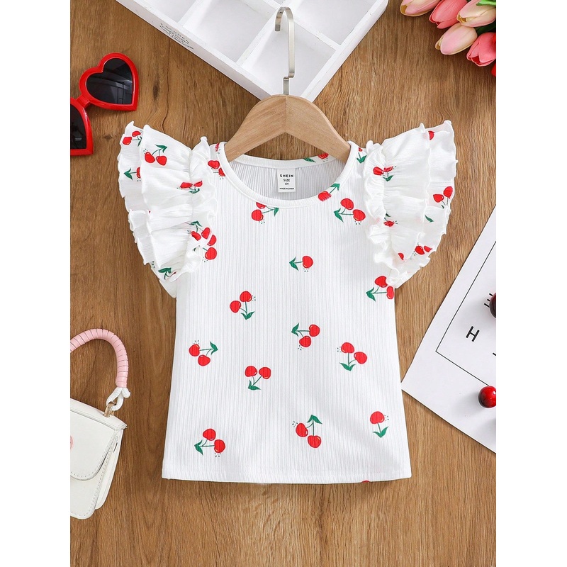 Young Girl Red Cherry Graphic Ruffle Trim Crew Neck Form-Fitting T-Shirt, Suitable For Valentine’s Day,