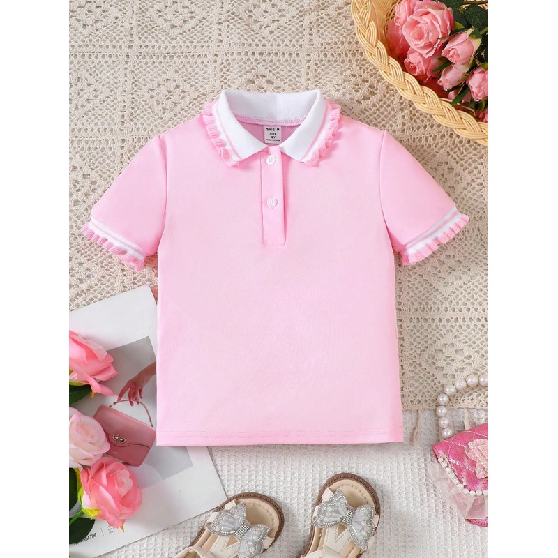 Young Girl’ Ruffle Trim Polo Collar T-Shirt, Suitable For Summer