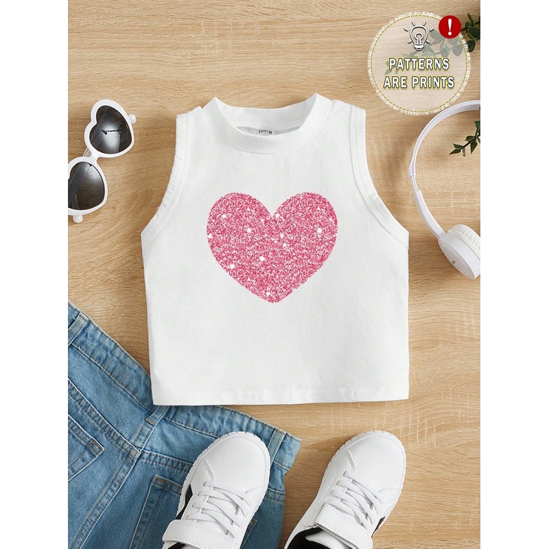 Young Girls’ Casual Sleeveless Round Neck Tank Top With Minimal Heart Print, Suitable For Summer