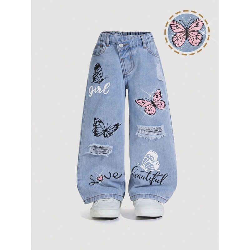 Young Girls Jeans – Distressed Light Wash Blue Denim Jeans With Butterfly Print, Rhinestone Decor And