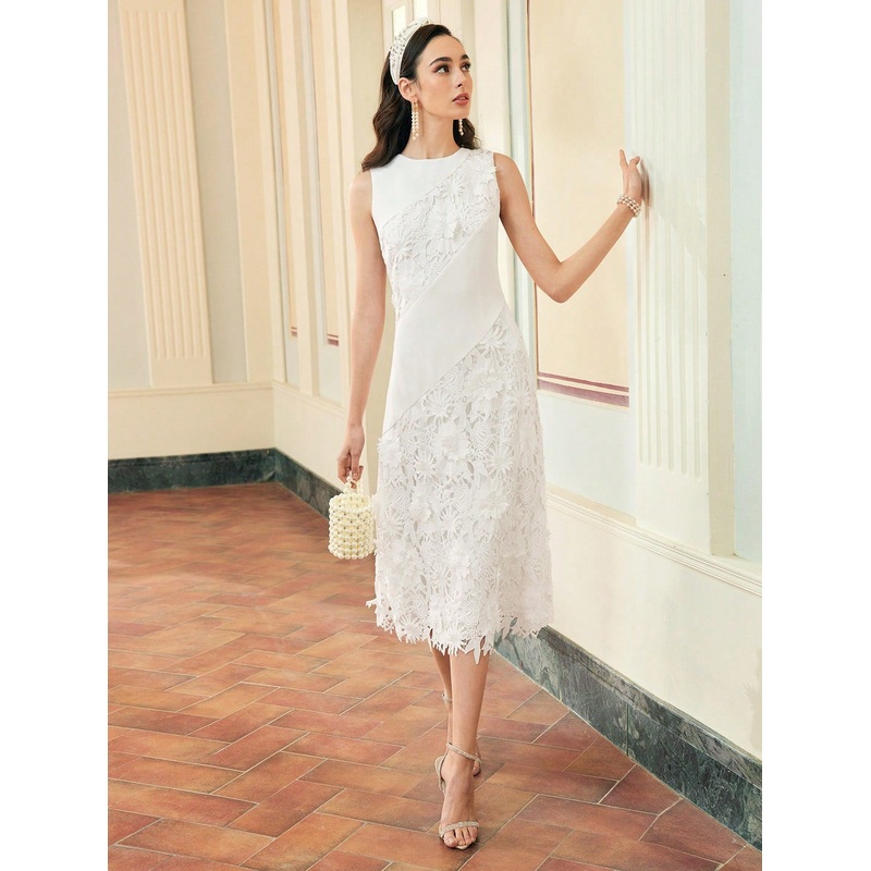 ZEYLAH WOMEN’S FLOWER APPLIQUES LACE MIDI DRESS, SPRING SUMMER, WHITE DRESS, VACATION