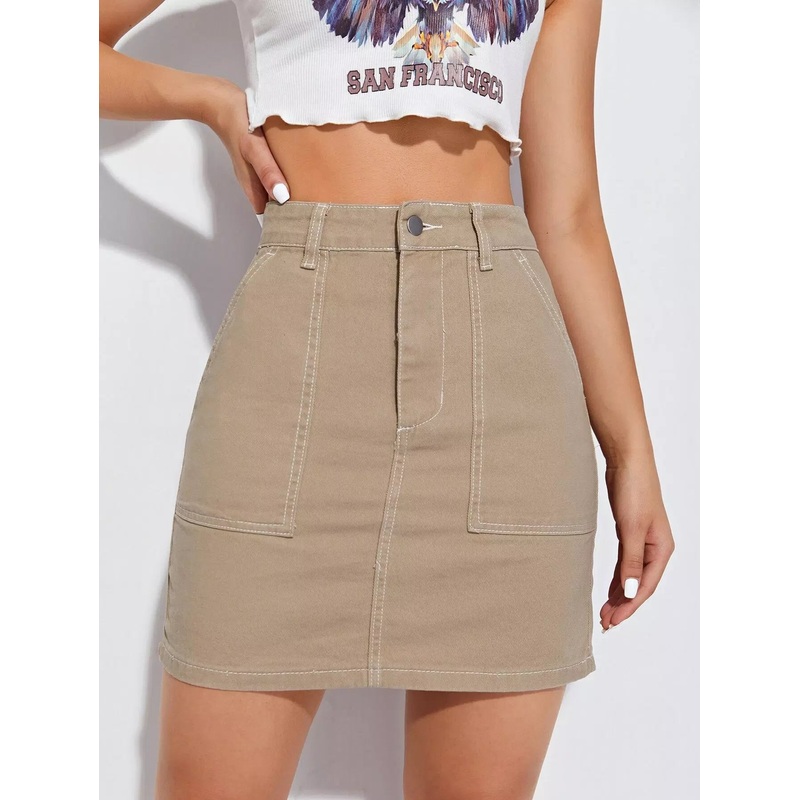 Zipper Fly Contrast Stitch Denim Skirt