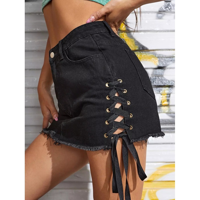 Zipper Fly Lace Up Side Raw Hem Denim Skirt
