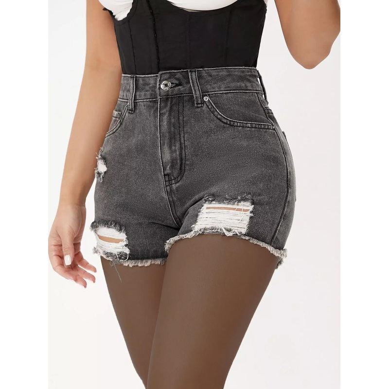 Zipper Fly Ripped Raw Hem Denim Shorts