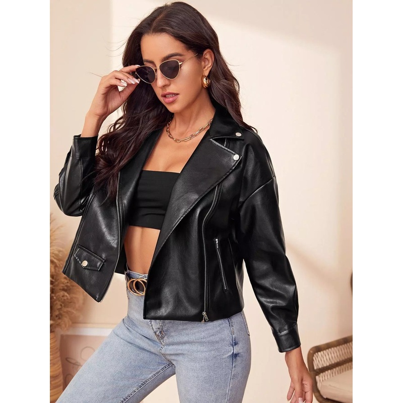 Zipper Front PU Leather Moto Jacket