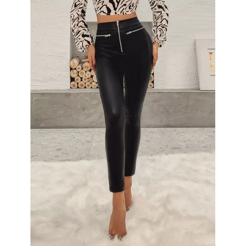 Zipper Front PU Leather Skinny Pants