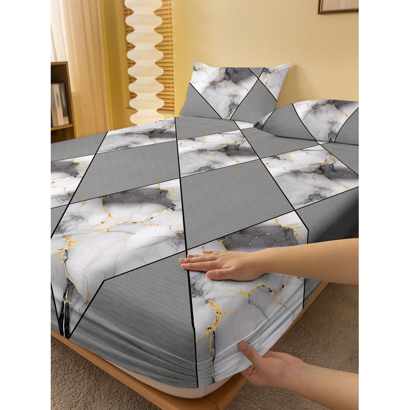 1pc Fashionable Simple Style Diamond Print Brushed Fitted Sheet Dustproof Cover For Bedroom Home Textile
