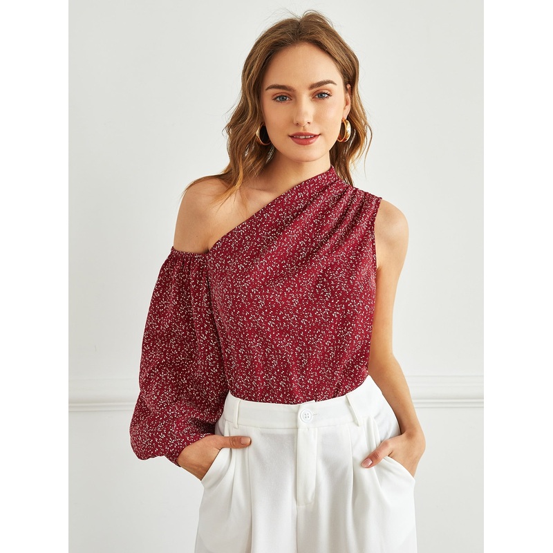 Asymmetrical Neck Lantern Sleeve Allover Print Top