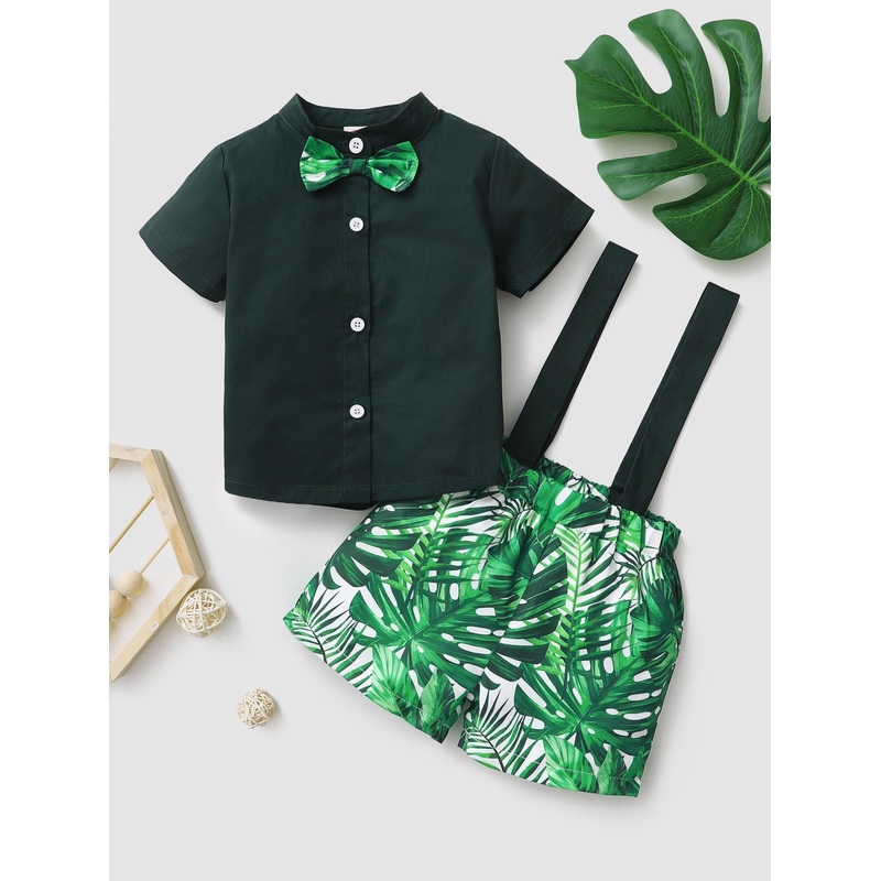 Baby Boy Bow Neck Shirt & Tropical Print Suspender Shorts