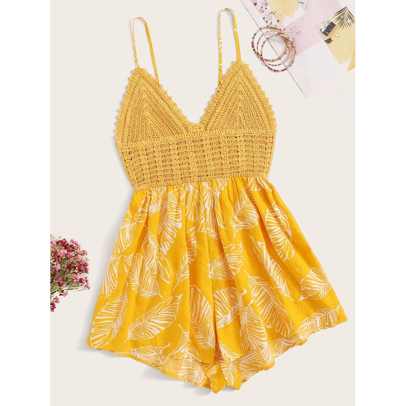 Crochet Bodice Tropical Leaf Print Romper