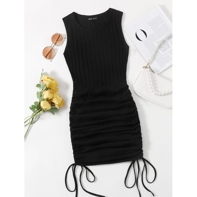Drawstring Knot Ruched Rib-knit Dress