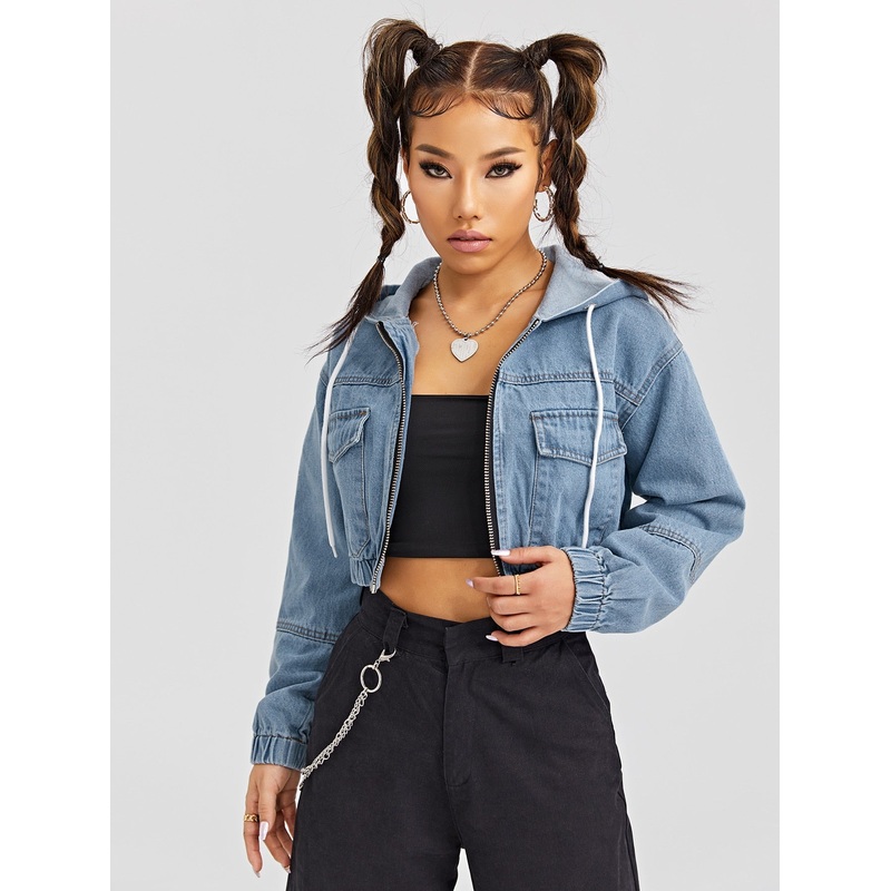 Flap Pockets Drawstring Hooded Denim Jacket