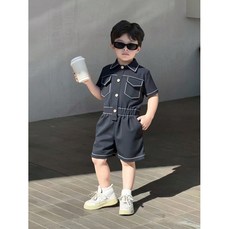 1 Set Young Boy Casual Stylish Woven Jumpsuit, Comfortable Fashionable Lapel Button Front Shirt With
