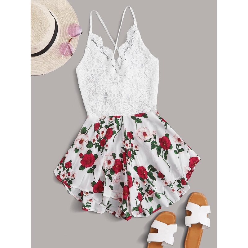 Contrast Lace Floral Tie Back Cami Romper