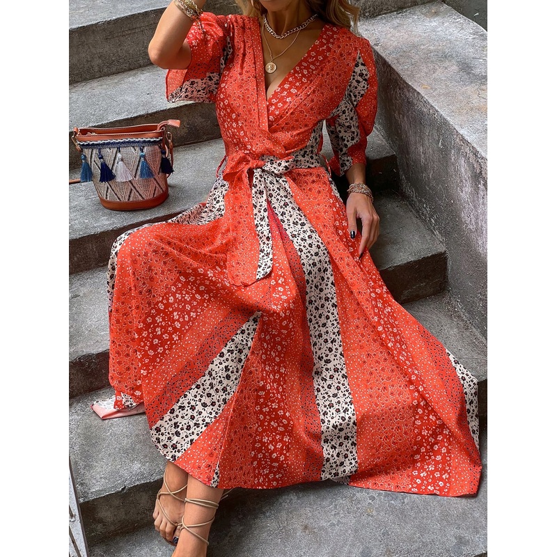 Ditsy Floral Colorblock A-line Dress Without Belt