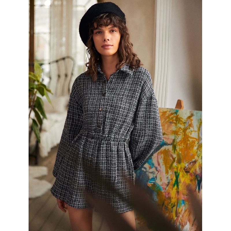 Drop Shoulder Plaid Tweed Romper