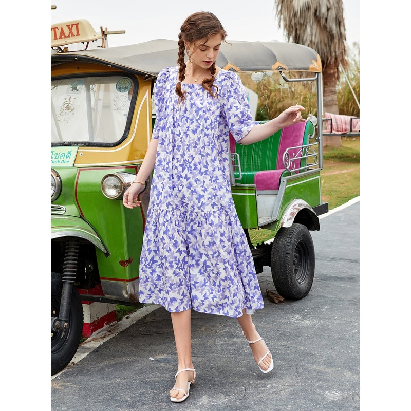 Allover Butterfly Print Smock Dress