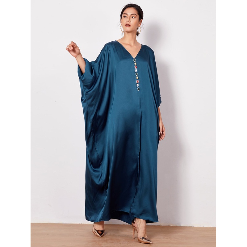 Batwing Sleeve Rhinestone Front Split Hem Satin Cocoon Dress