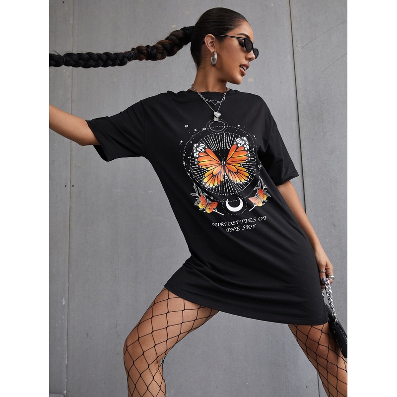 Butterfly And Slogan Graphic Tee Dress
