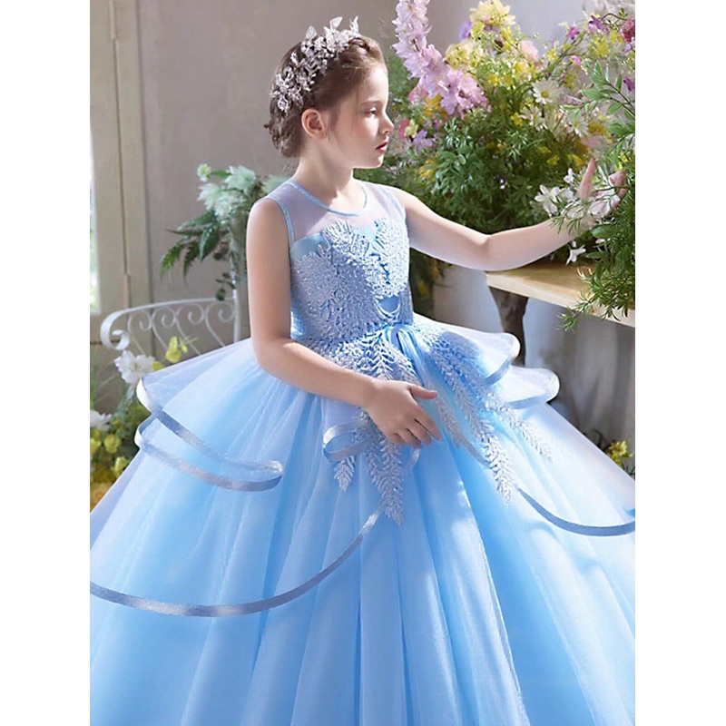 Young Girl Elegant Luxurious Comfortable Long Blue Multi-Layer Tulle Embroidered Sleeveless Puffy Party