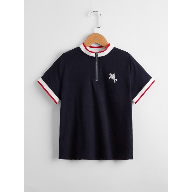 Boys Striped Trim Graphic Embroidery Polo Shirt