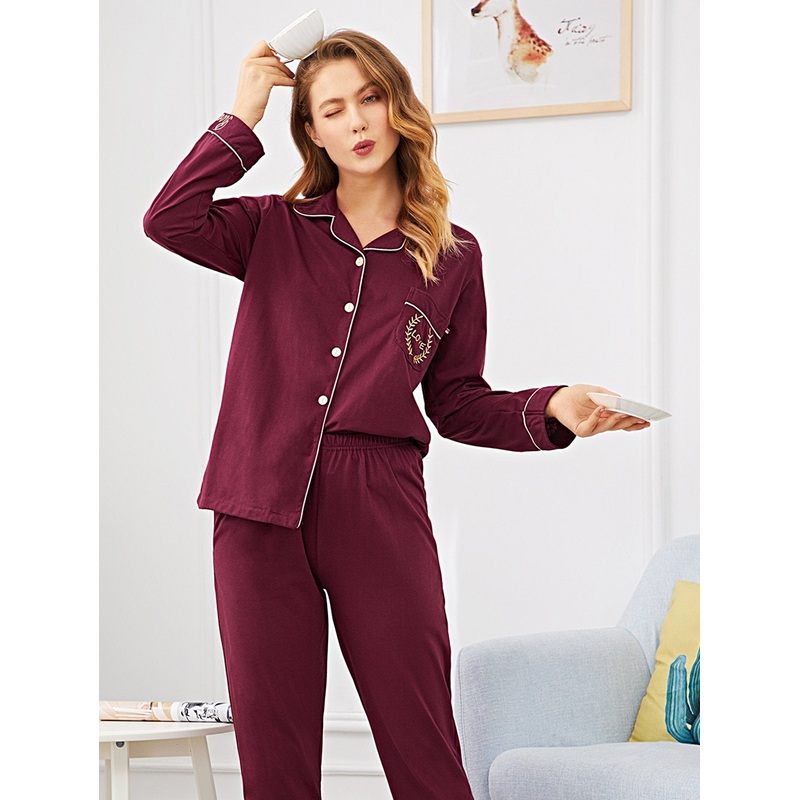 Contrast Binding Letter Embroidered Pajama Set