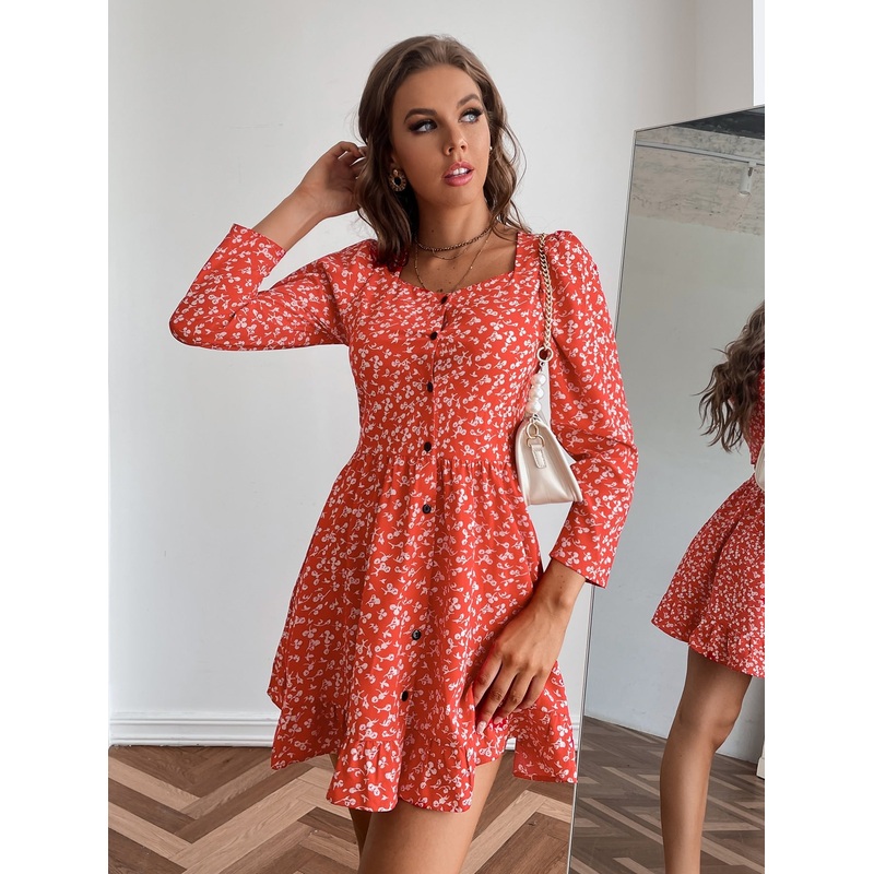 Ditsy Floral Print Button Front Ruffle Hem Dress
