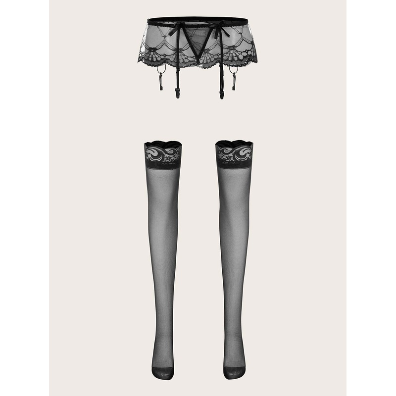 Floral Lace Garter Thong With Stockings