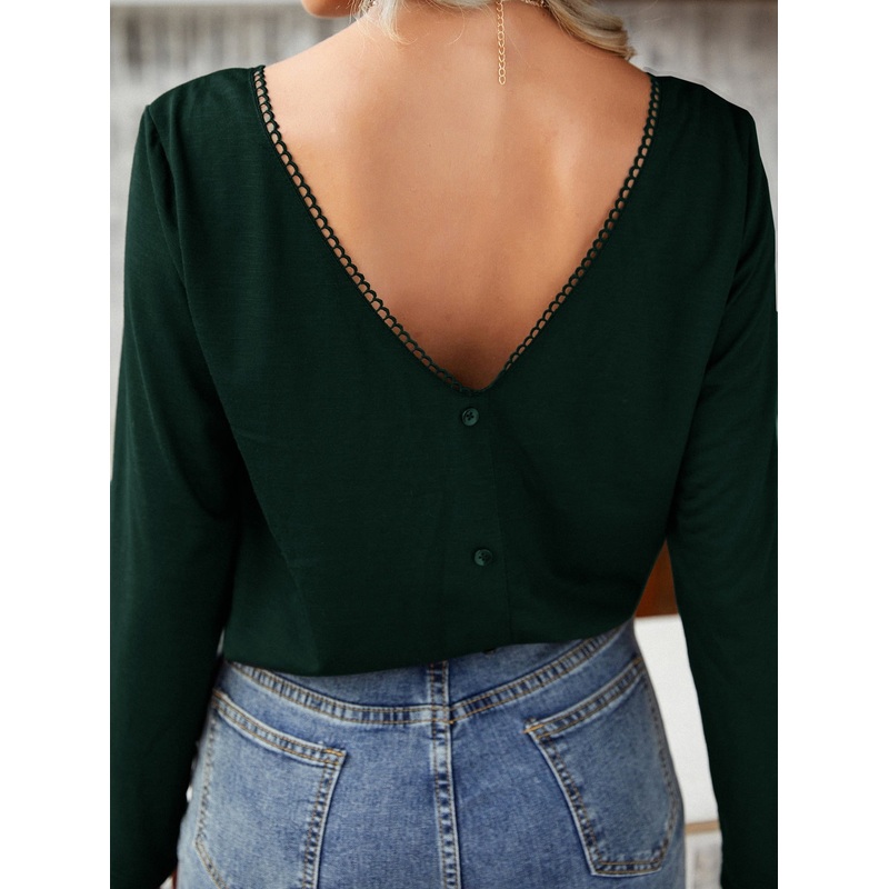 Guipure Lace Detail Button V-back Tee