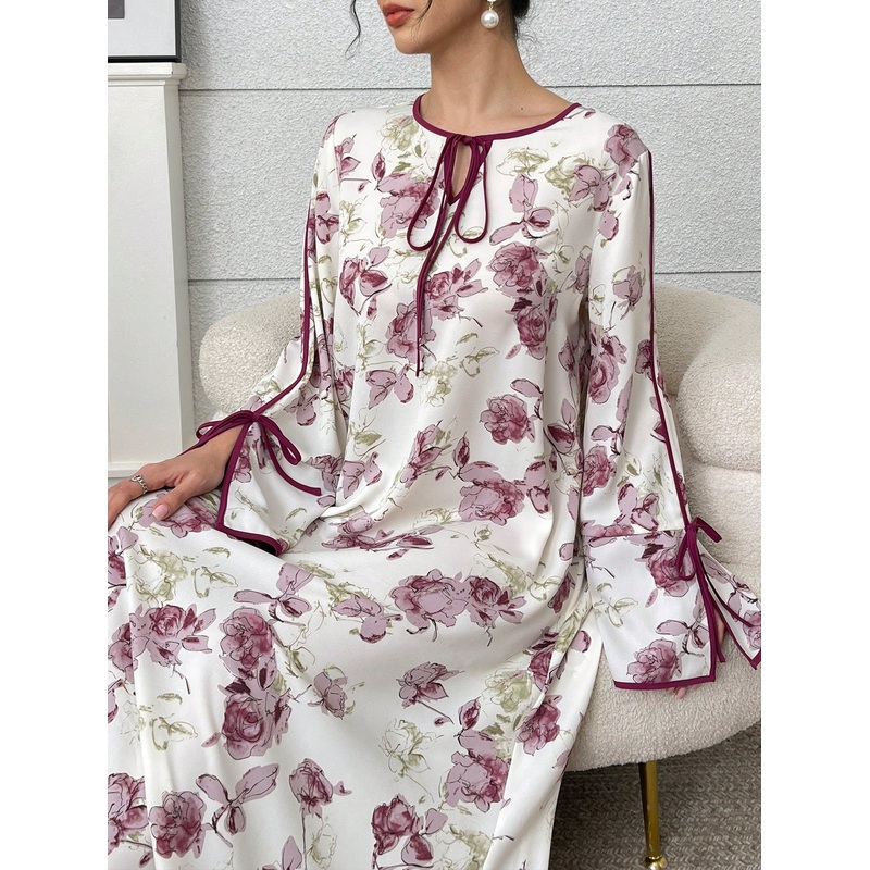 Yasmyna Women’s Elegant Floral Print Flare Sleeve Arabian Style Dress, Arabian Jalabiya Dresses,Modest