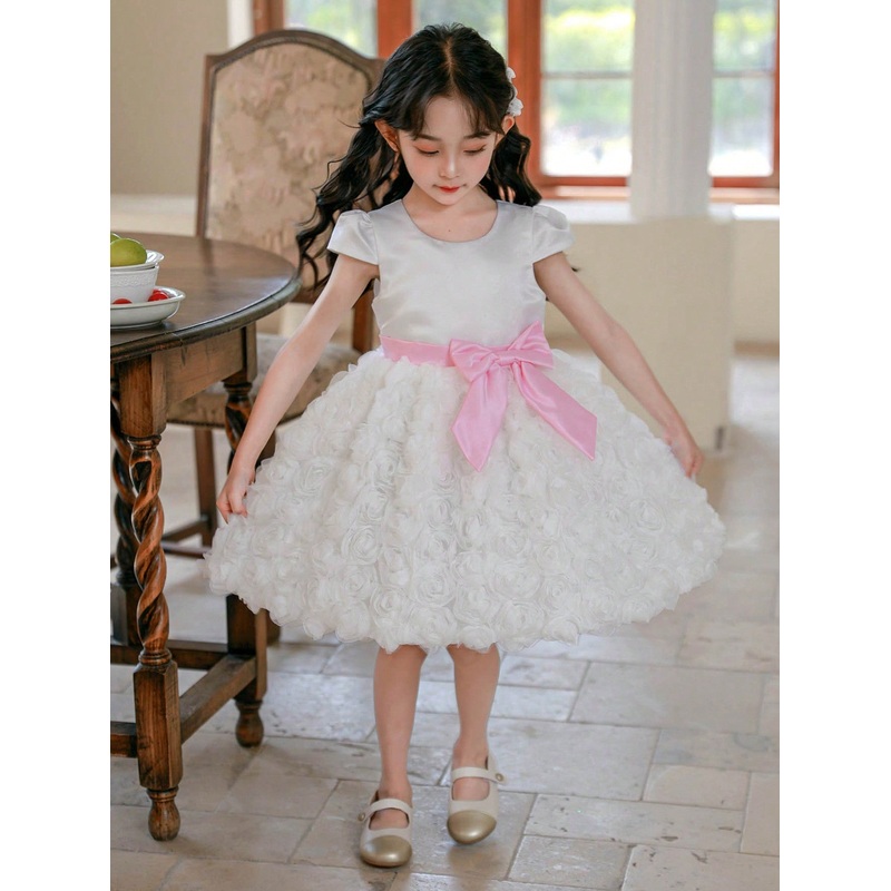 Young Girl Flower Girl Birthday Party Wedding Festival Dress White Girl Dress, 3D Flower Bow Princess